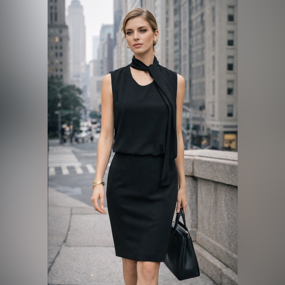 Lafayette 148 New York Black Tie Neck Dress Sleeveless Sheath Size 4